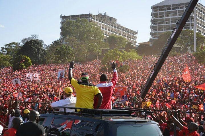 Uhuru Ruto rally (President Uhuru Kenyatta and his Deputy William Ruto wave to their supporters in the run up to the 2013 general elections at Uhuru Park, Nairobi