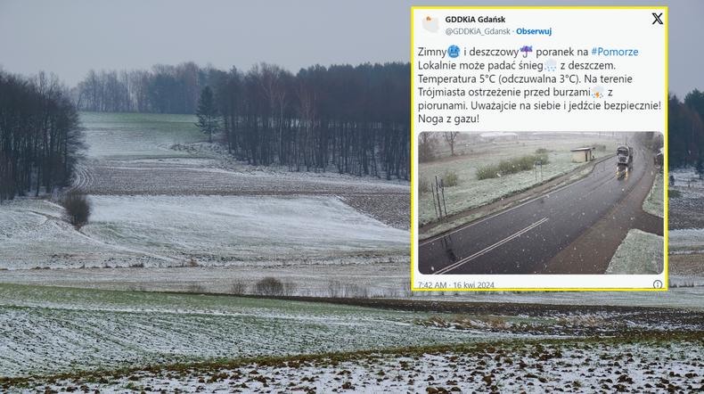 Do Polski wróciły opady śniegu. Białego puchu będzie coraz więcej (screen: Twitter.com/GDDKiA_Gdansk)