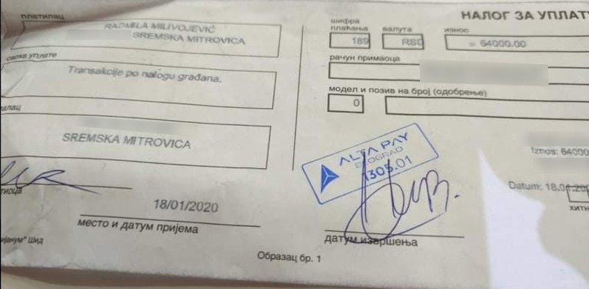 Uplata Radmile Milivojević na račun supruga Vesne P.