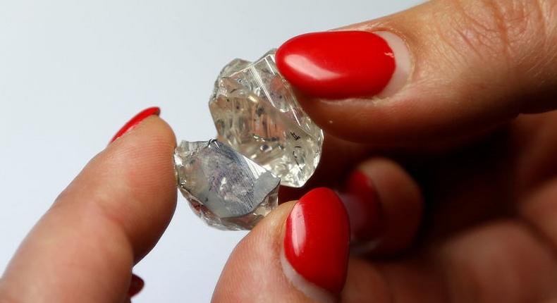 A 30-carat and a 14-carat rough diamond, initially one piece, are viewed after they have been split at the offices of a polishing factory in Antwerp, Belgium, April 28, 2016. 