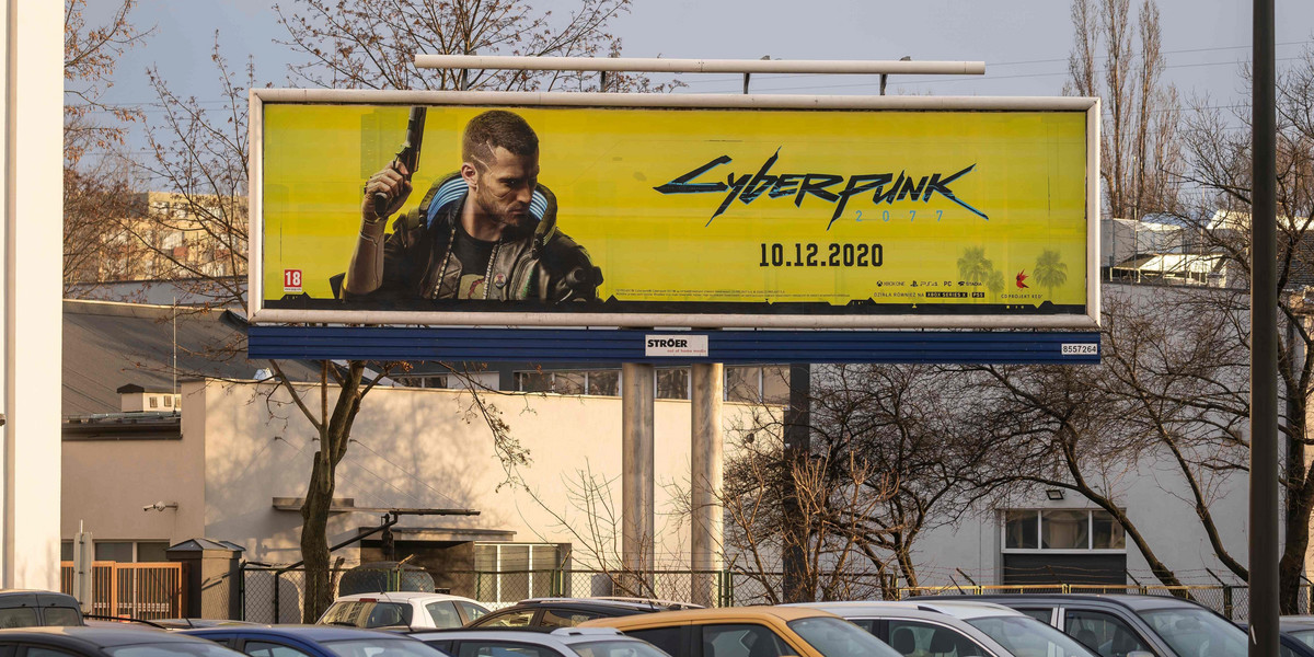 Na zdjęciu reklama gry Cyberpunk na billboardzie w Warszawie.