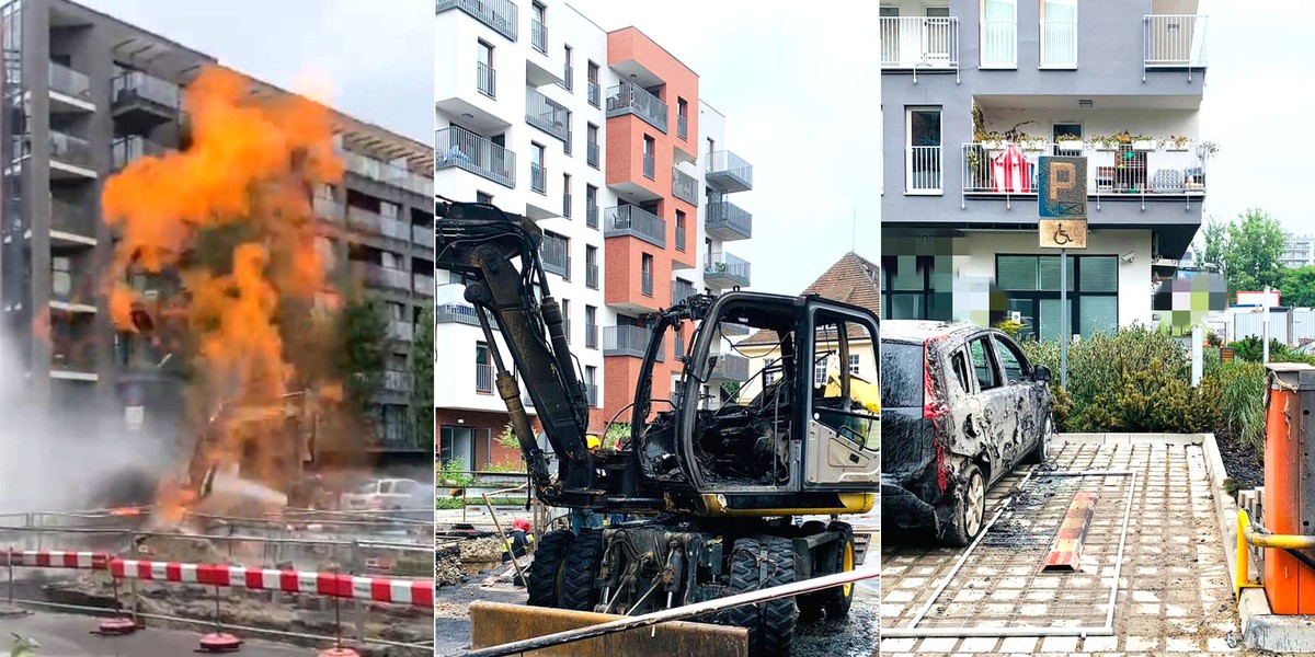 Słup ognia w centrum Wrocławia. Uszkodzony gazociąg, zniszczone auta i ewakuacja mieszkańców