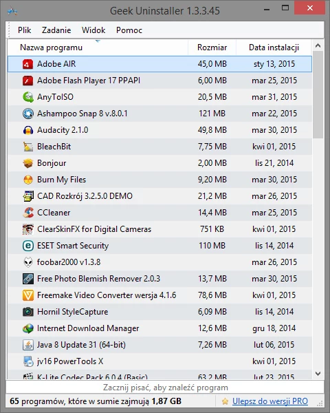 Główne okno programu Geek Uninstaller