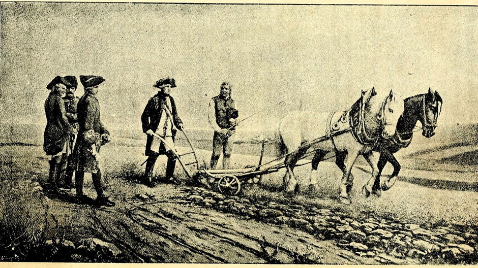 Cesarz Józef II przy orce pola w Czechach. Propagandowa ilustracja ukazująca cesarza jako przyjaciela chłopów