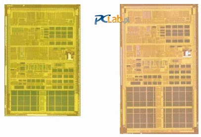 Porównanie jądra procesora Thoroughbred (po lewej) i Barton (po prawej) - ciemny obszar u dołu to pamięć cache L2