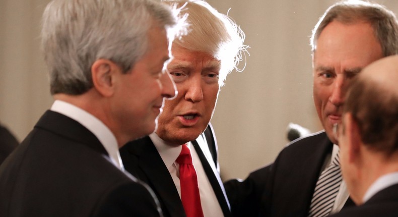 President Donald Trump meets with business leaders, including JPMorgan CEO Jamie Dimon.