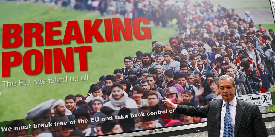 Leader of the United Kingdom Independence Party (UKIP) Nigel Farage poses during a media launch for an EU referendum poster in London, Britain June 16, 2016.