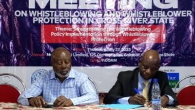 L-R: Dr. Chido Onumah, Coordinator AFRICMIL and Mr Kalu Ugbo, Acting Resident Commissioner ICPC in Cross River, during a town hall meeting on the protection of whistleblowers in Nigeria (Credit: NAN)