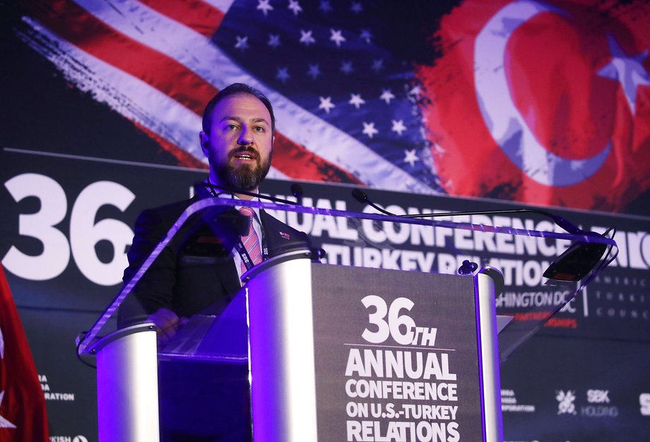 Turkish businessman Ekim Alptekin, Chairman of the Turkey-U.S. Business Council, gives opening remarks during the 36th Annual Conference on US Turkey Relations, held at the Trump International Hotel, on May 22, 2017 in Washington, DC.