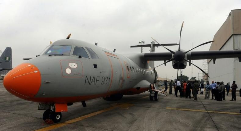 A Nigerian Airforce ATR 42-500 Maritime Patrol Aircraft pictured at the airforce base in Lagos on August 19, 2014