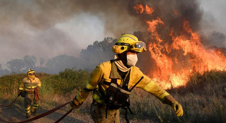 Des pompiers tentent d'éteindre un feu de forêt à proximité du village de Tabara, près de Zamora, dans le nord de l'Espagne.