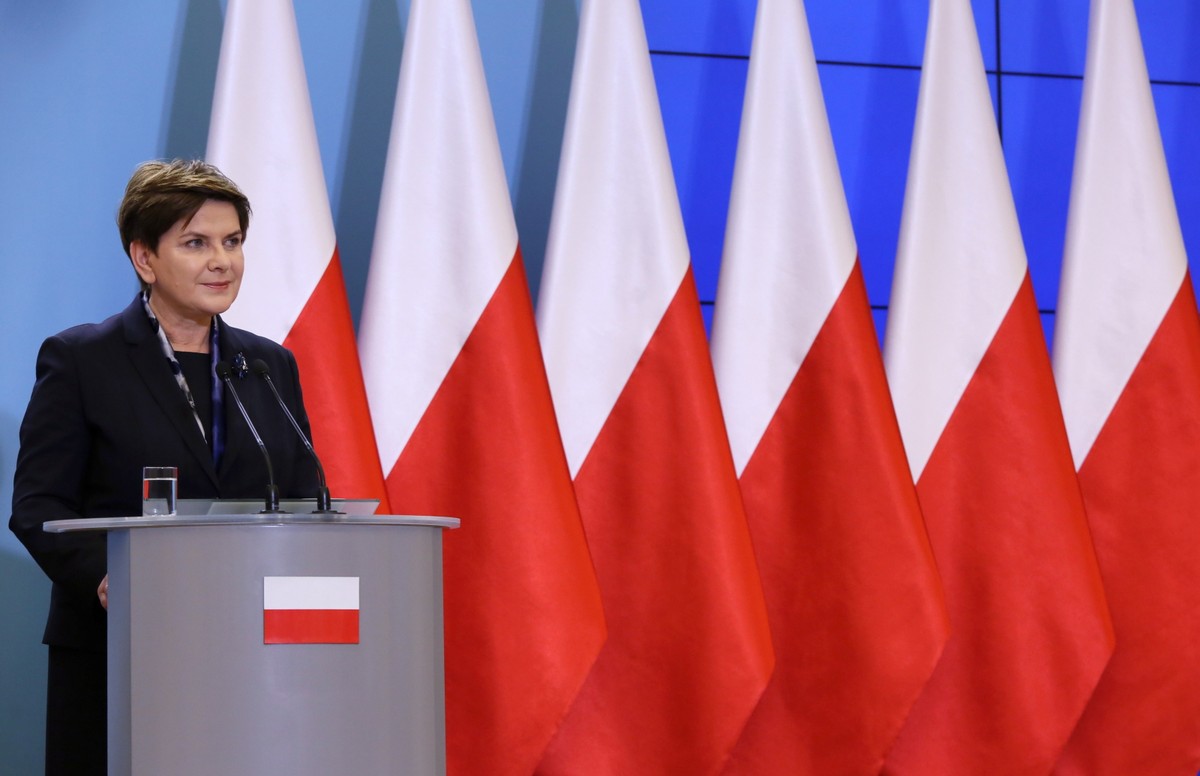 Premier Beata Szydło na tla biało-czerwonych flag