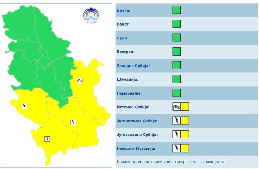 Žuti meteoalarm danas u Srbiji