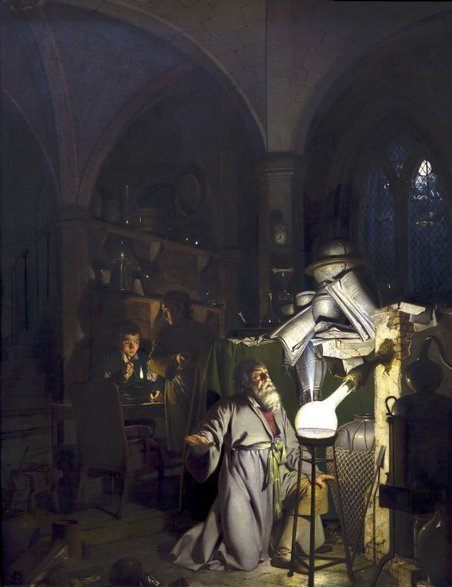 Alchemik w poszukiwaniu kamienia filozoficznego, (aut. Joseph Wright of Derby, 1771 rok, domena publiczna)