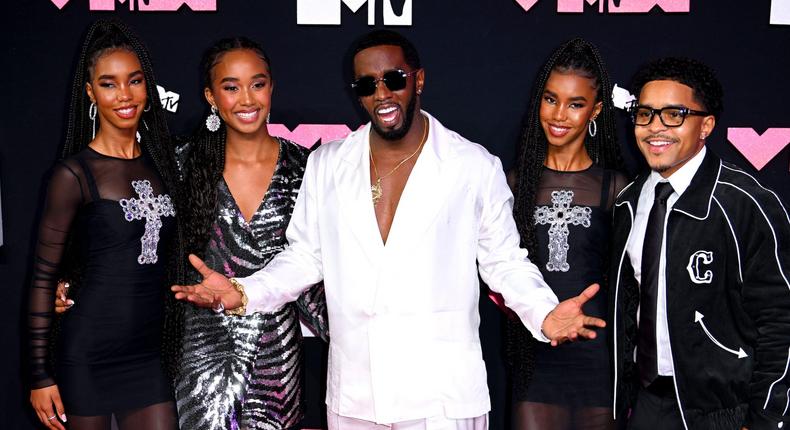 Diddy, Justin Dior Combs, Chance Combs, Jessie James Combs and D'Lila Star Combs attending the MTV Video Music Awards 2023.Getty/Doug Peters