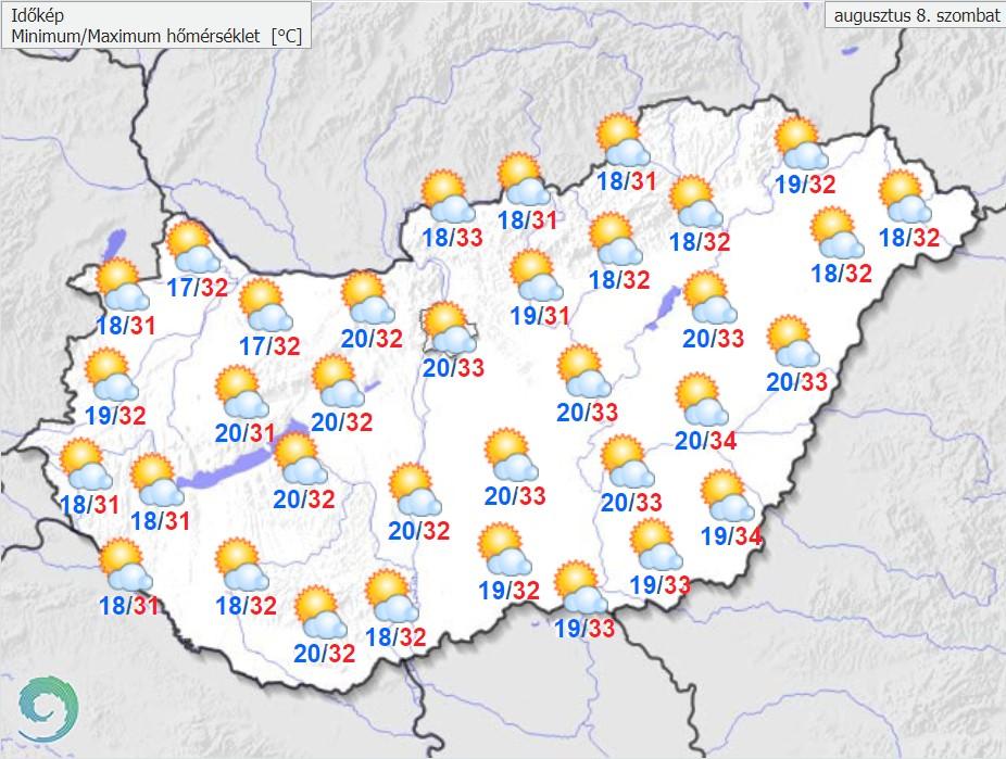 Várható hőmérséklet szombaton / Fotó: OMSZ