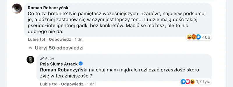 Dyskusja pod postem rapera na Facebooku