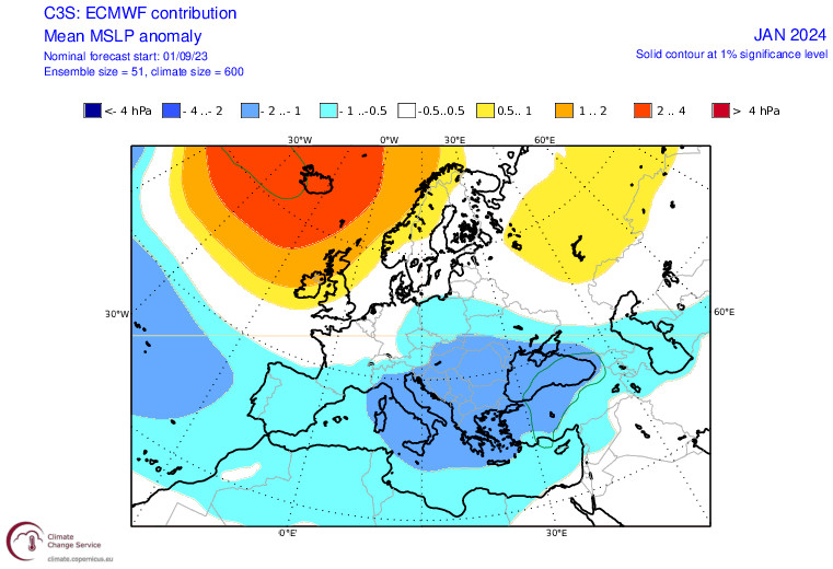 Prognoza anomalii ciśnienia atmosferycznego w Europie w styczniu. Widać duży wyż nad Islandią oraz niże na całym południu.