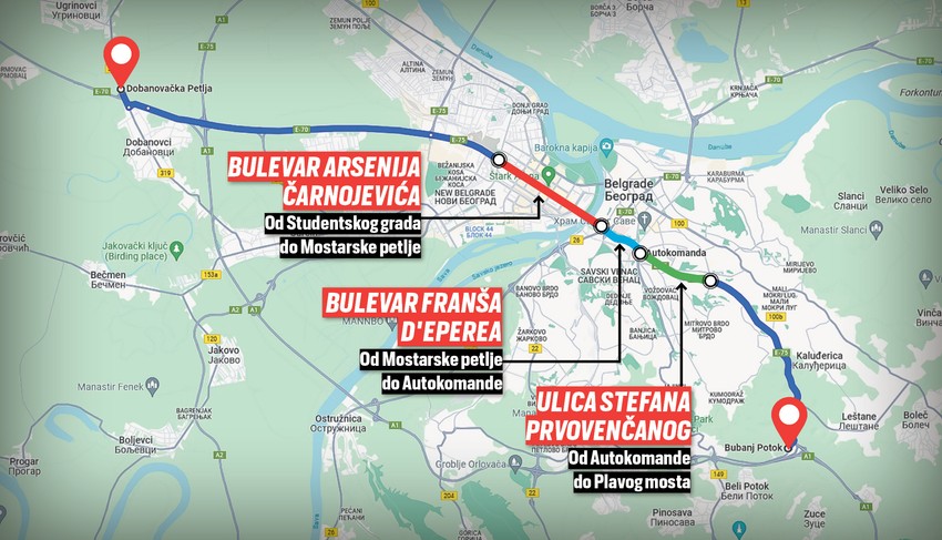 Mapa: put od Dobanovačke petlje do Bubanj Potoka