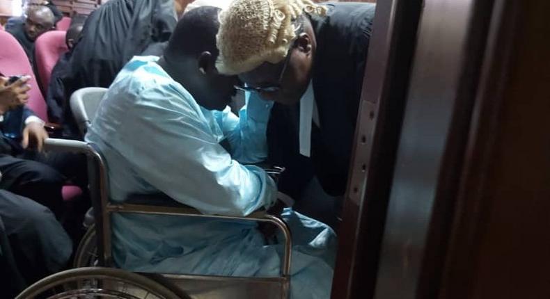 Abdulrasheed Maina, former Chairman, Pension Reform Task Team (PRTM) arrives court in wheelchair for bail application. [Twitter/@Newtelegraphng]