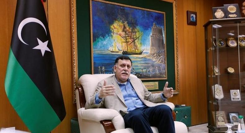 Prime Minister of Libya's unity government Fayez Seraj speaks during an interview with Reuters in his office at the naval base of Tripoli, Libya, June 3, 2016. 