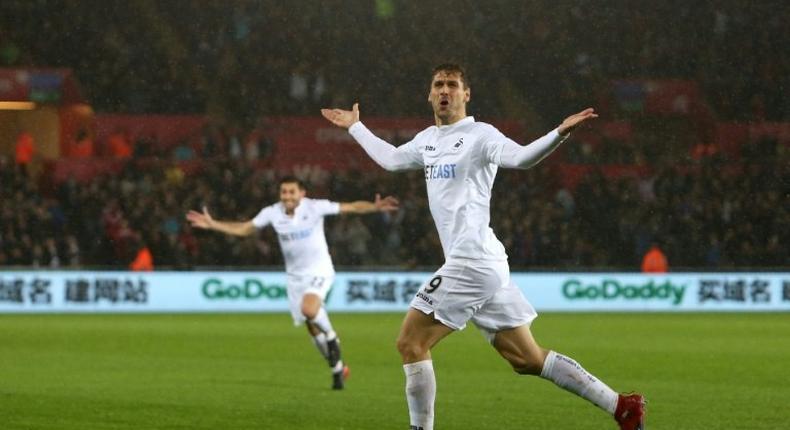 Swansea City's Fernando Llorente celebrates after scoring their second goal against Sunderland on December 10, 2016