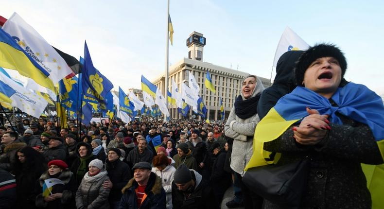 Protesters held placards with slogans such as 'No to capitulation', 'Stay away from Moscow' and 'Russian gas is a noose around our necks'