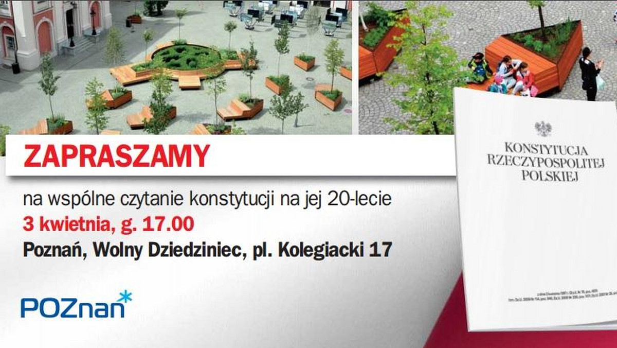 Mija dokładnie 20 lat od uchwalenia obecnie obowiązującej Konstytucji RP. Urodziny najważniejszego aktu prawnego w kraju będą świętować urzędnicy. 3 kwietnia w ramach akcji "Konstytucja ma głos" odbędzie się wielkie czytanie, które rozpocznie prezydent Poznania Jacek Jaśkowiak. Dzień wcześniej manifestację z tej samej okazji zapowiada wielkopolski KOD.