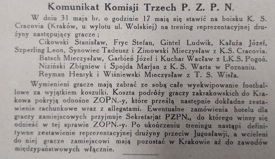 Informacja o powołaniach na mecz z Jugosławią. Był to oficjalny komunikat PZPN zamieszczony w "PS"