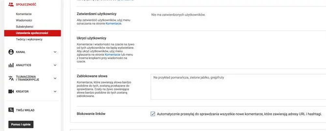 Opcja odpowiedzialna za blokowanie linków w komentarzach na YouTube