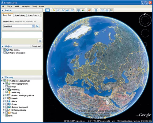 Okno Google Earth nie zmienia się od dawna, również w wersji 5.0 nie zaskakuje niczym nowym. Sekcja wyszukiwania i włączania warstw znajduje się z lewej strony - z prawej widzimy szczegółowy widok map