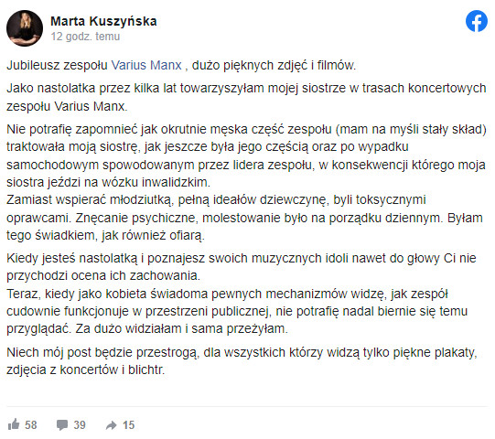 Wpis Marty Kuszyńskiej na Facebooku