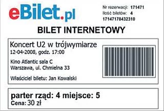 Zarejestrowani użytkownicy serwisu ebilet.pl mogą bilet w formacie PDF wydrukować w domu i wziąć ze sobą na koncert. Kod kreskowy umieszczony na bilecie pozwala zweryfikować prawidłowość biletów