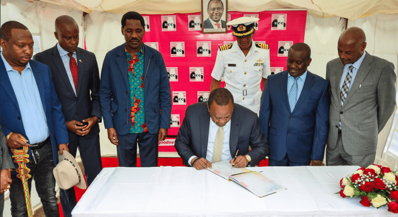 President Uhuru Kenyatta during the inauguration of the revamped New KCC Dandora Factory as part of celebrations to mark Ushirika Day Celebrations 2019