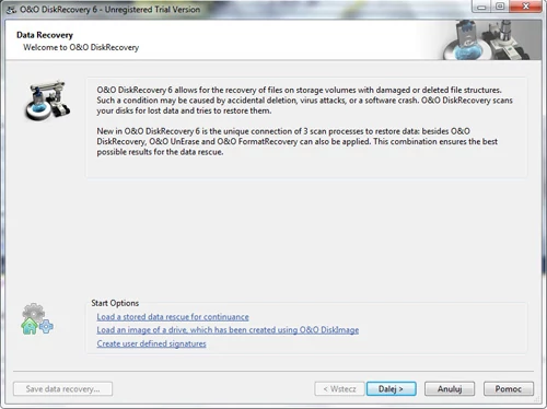Ekran powitalny O&O Disk Recovery