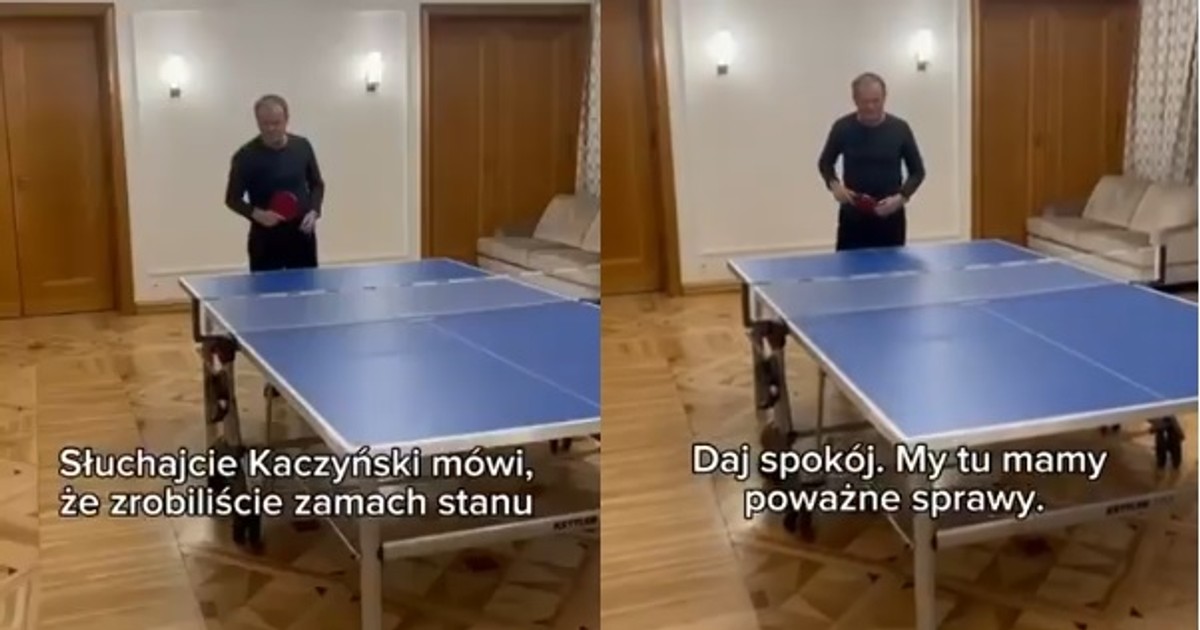 Donald Tusk gra w ping-ponga i śmieje się z zarzutu o zamach stanu