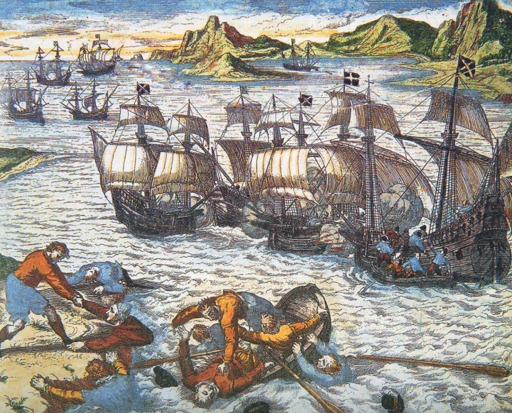 Hiszpański konwój atakowany u wybrzeży Kuby. Rycina z epoki.