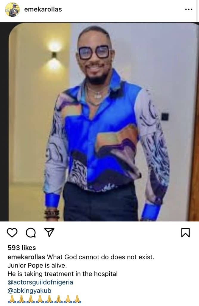 AGN president, Emeka Rollas, has deleted this Instagram post announcing Jnr Pope's survival [Instagram/@emekarollas]