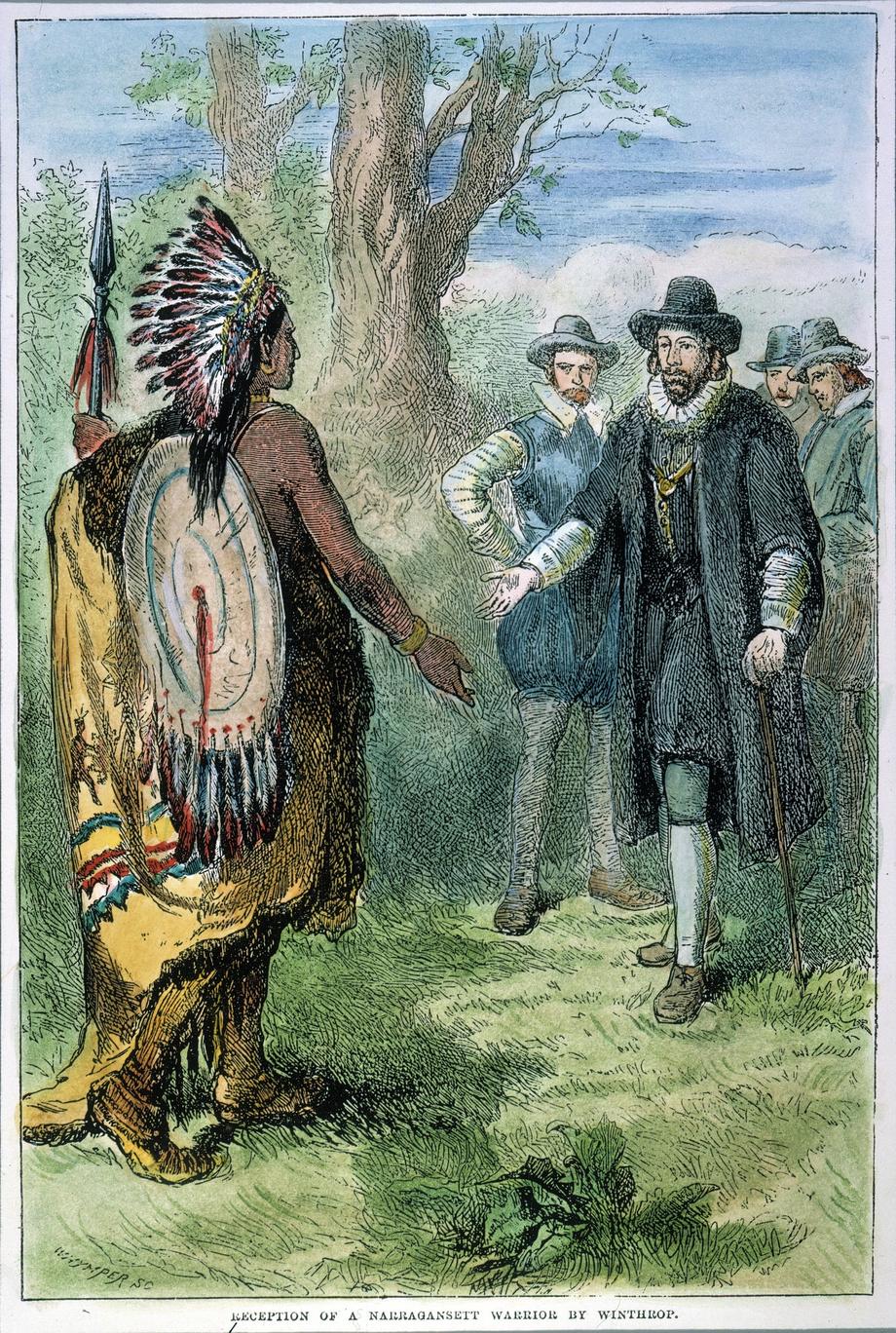 John Winthrop spotyka się z wojownikiem Indian amerykańskich z Narragansett, ok. 1631 r. Litografia z XIX w. 