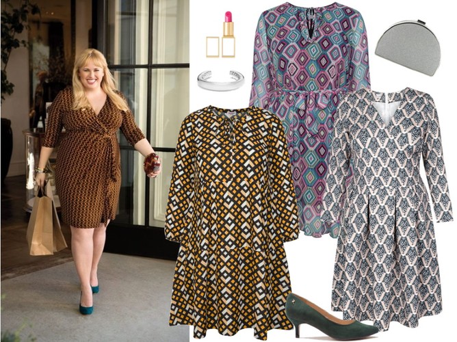 STYLIZACJE inspirowane gwiazdami:Geometryczne wzory niczym Rebel Wilson: Sukienki - Karko/ www.karko.pl, buty i torebka - Menbur/menbur.pl, pozostałe dodatki - TK MAXX