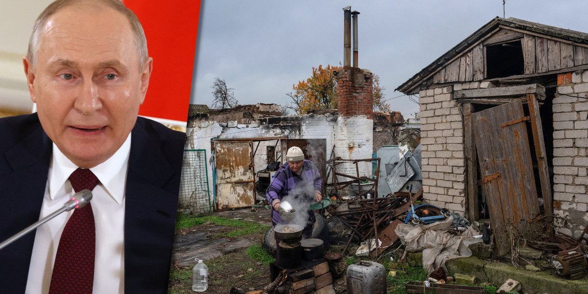 Prezydent Rosji Władimir Putin (z prawej). Ukraińska wieś pod okupacją armii Putina (z lewej).
