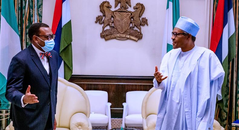 Embattled AfDB President, Akinwumi Adesina, meets President Muhammadu Buhari in Aso Villa. [Twitter/@BashirAhmaad]