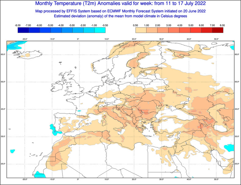 Prognozowane odchylenie temperatury od średniej w Europie w dniach 11-17 lipca. 
