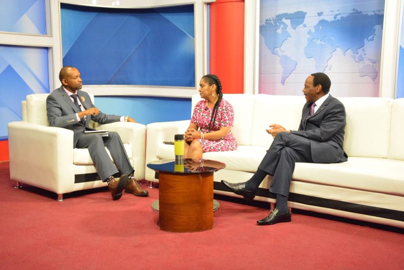 Nairobi Woman Rep Esther Passaris with KFCB CEO Ezekiel Mutua during an interview on KTN (Twitter) 