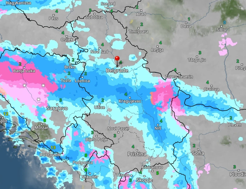 Kretanje kiše i snega sutra u 7 časova