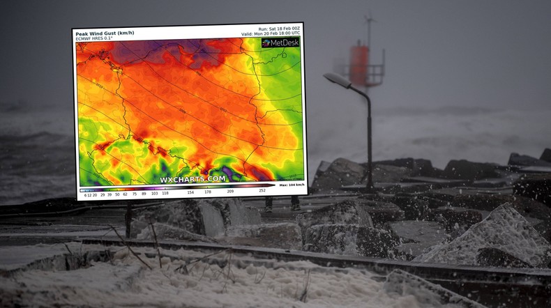 Silny wiatr nie chce opuścić Polski (mapa: wxcharts.com)