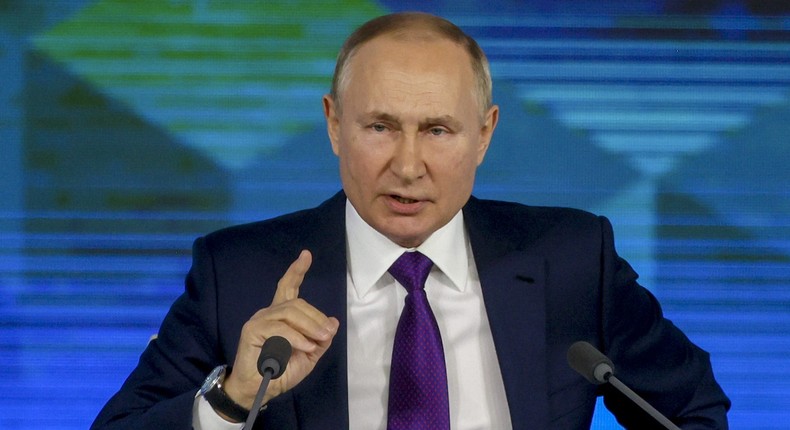 Vladimir Putin seen at his annual press conference on December 23, 2021 in Moscow, Russia.