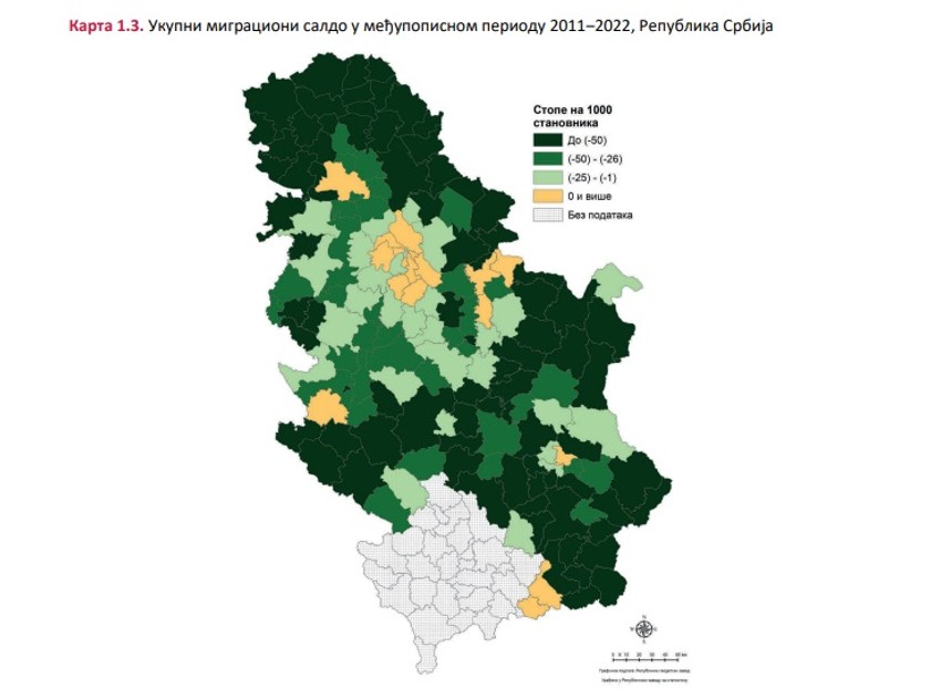 Mapa opština u Srbiji sa najvećim brojem odseljenih (tamnozelena)
