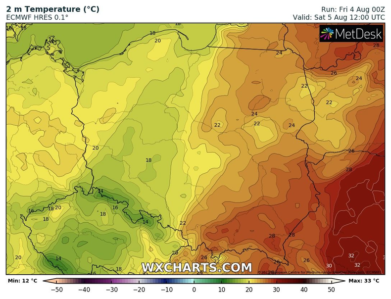 Zarysuje się duża różnica temperatury między wschodnią a zachodnią Polską.