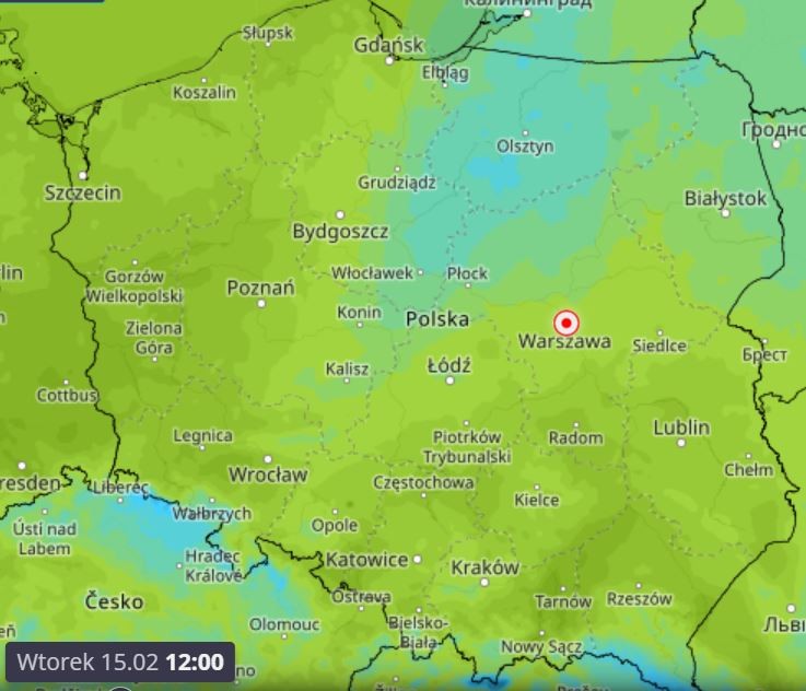 Temperatura powietrza we wtorek 15 lutego o godz. 12